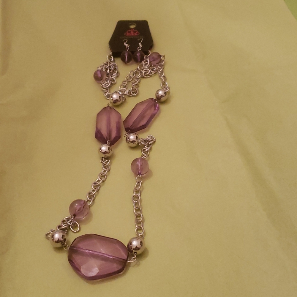 Long silver and purple necklace w earrings
